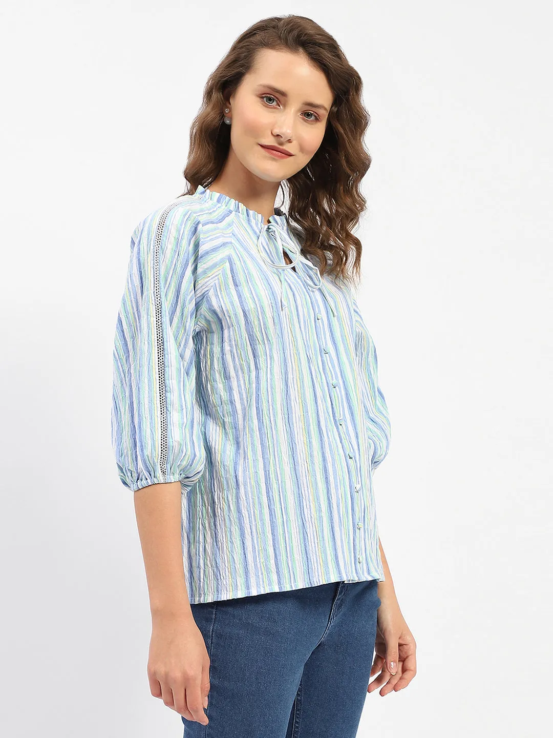 Madame Striped Sky Blue Raglan Sleeve Shirt Fast Drying