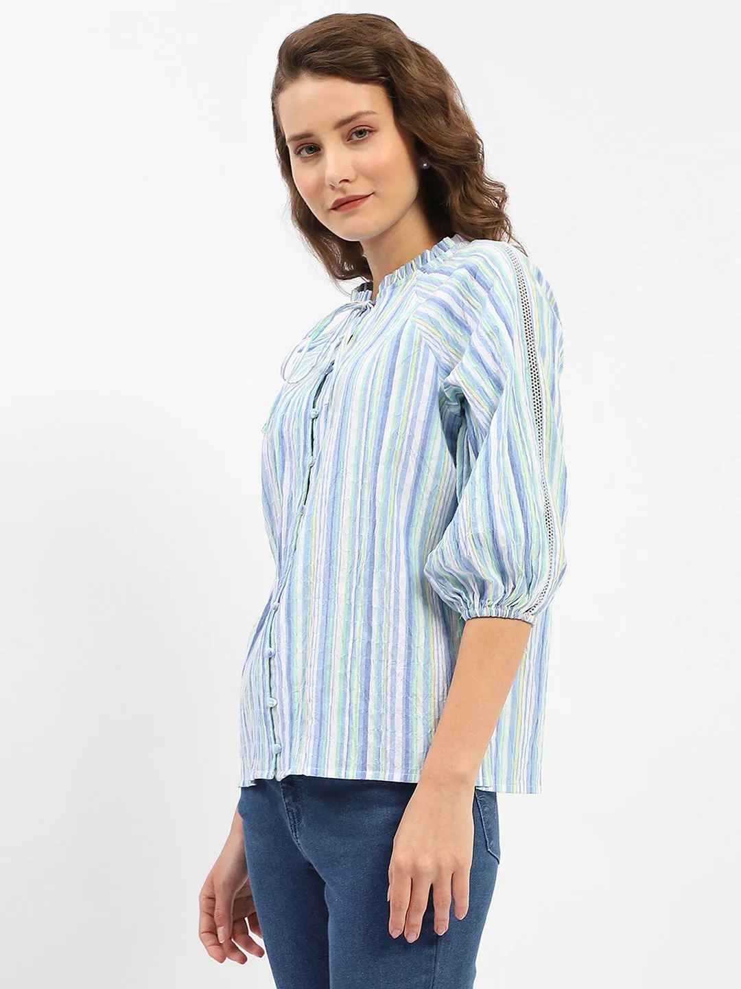 Graphic Art Madame Striped Sky Blue Raglan Sleeve Shirt