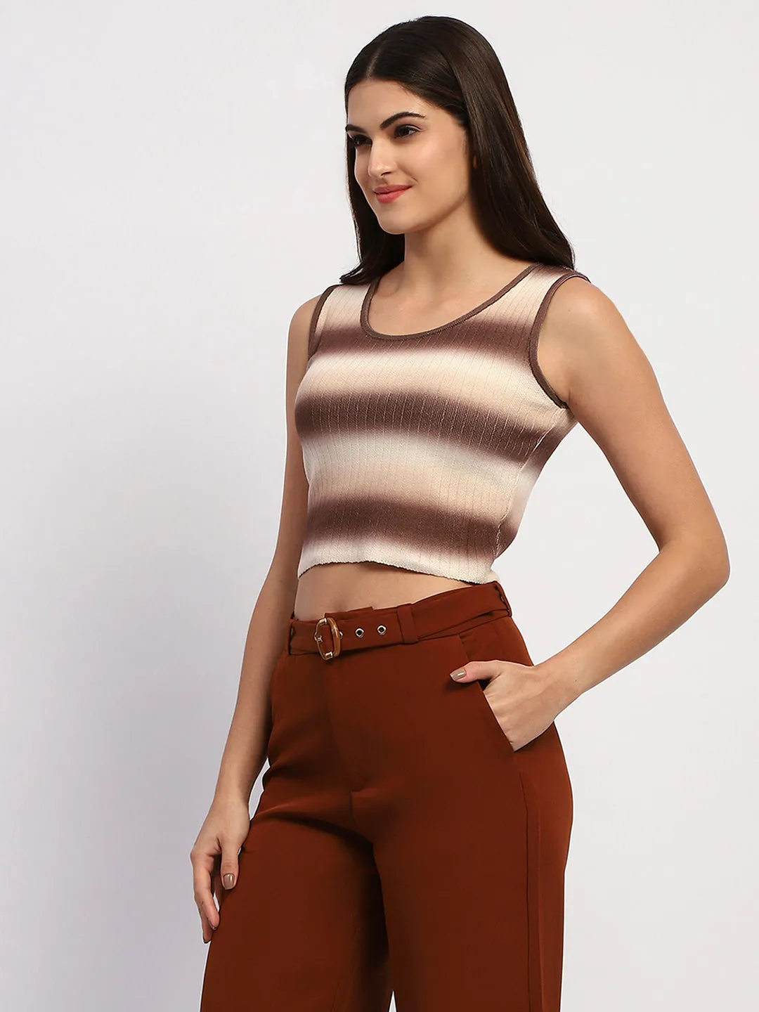Comfortable Knit Madame Striped Sleeveless Cotton Brown Crop Sweater