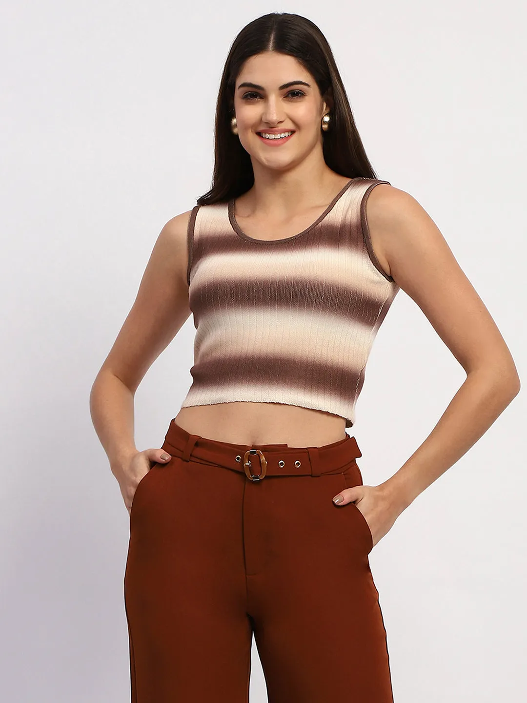 Madame Striped Sleeveless Cotton Brown Crop Sweater Cozy Essential Winter Wear Essentials