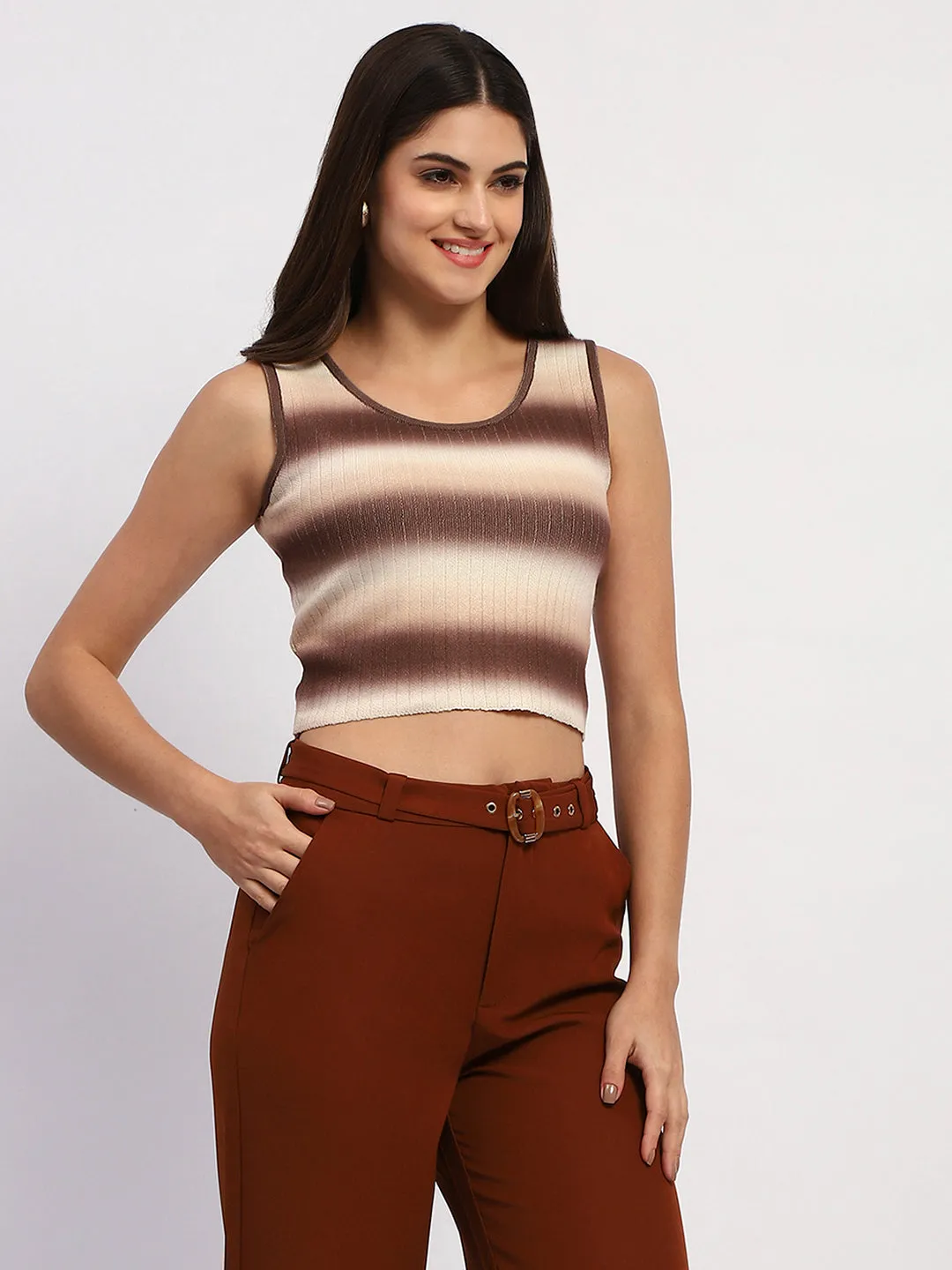 Madame Striped Sleeveless Cotton Brown Crop Sweater Micro Gauge Knitting Luxury Fiber Blend