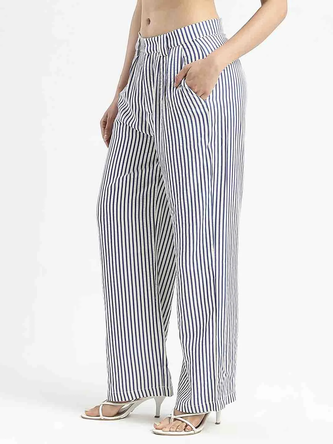Madame Striped Wide Leg Viscose Blend Navy Blue Trousers Classy Fit