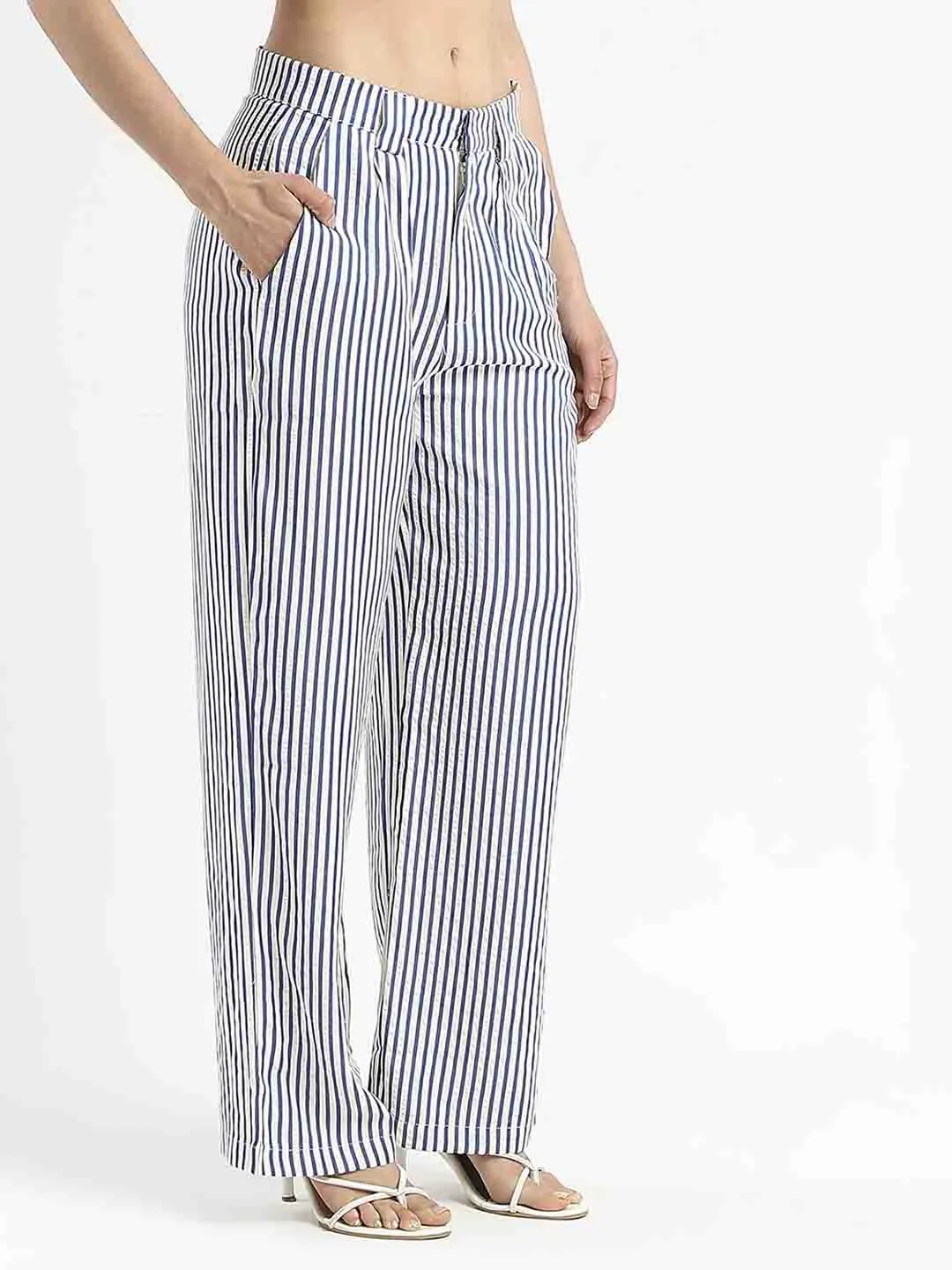 Core Fit Design Madame Striped Wide Leg Viscose Blend Navy Blue Trousers