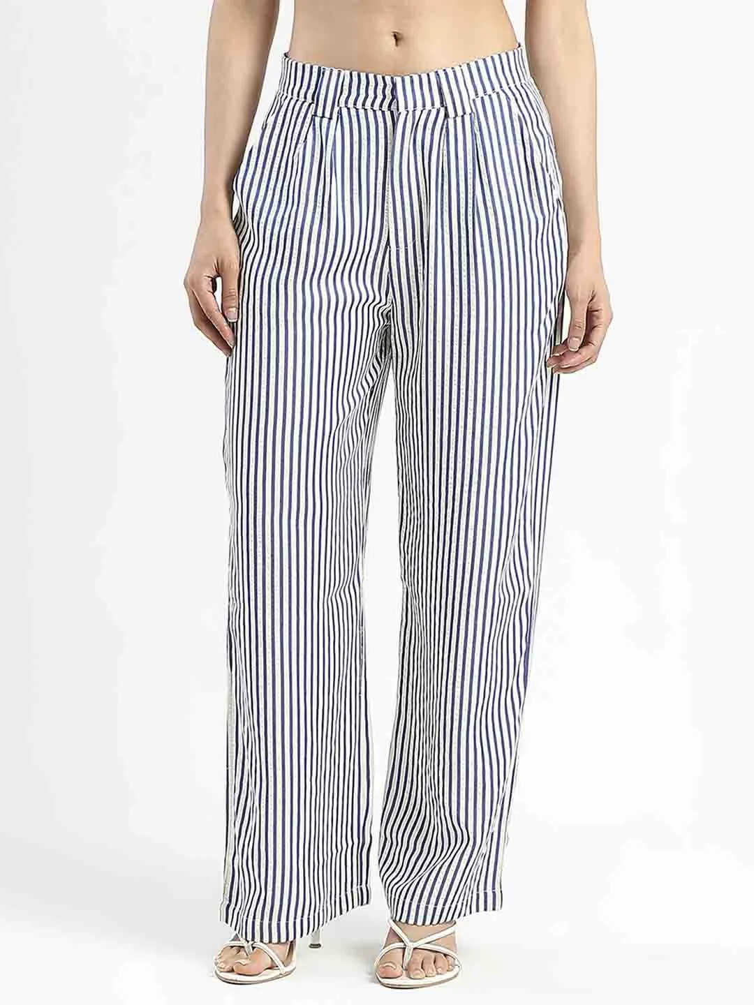 Outdoor Flex Compact Storage Madame Striped Wide Leg Viscose Blend Navy Blue Trousers