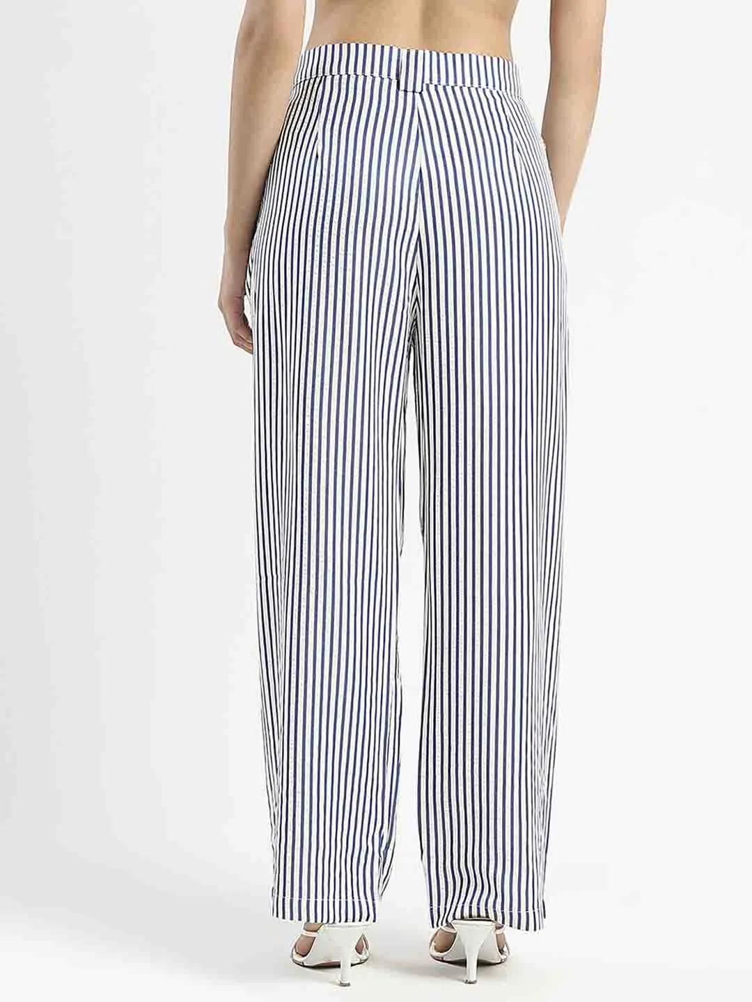 Madame Striped Wide Leg Viscose Blend Navy Blue Trousers Anti Pilling Surface
