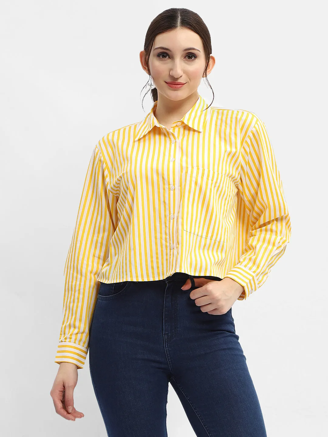 Neutral Toned Stitching Madame Striped Yellow Regular Shirt