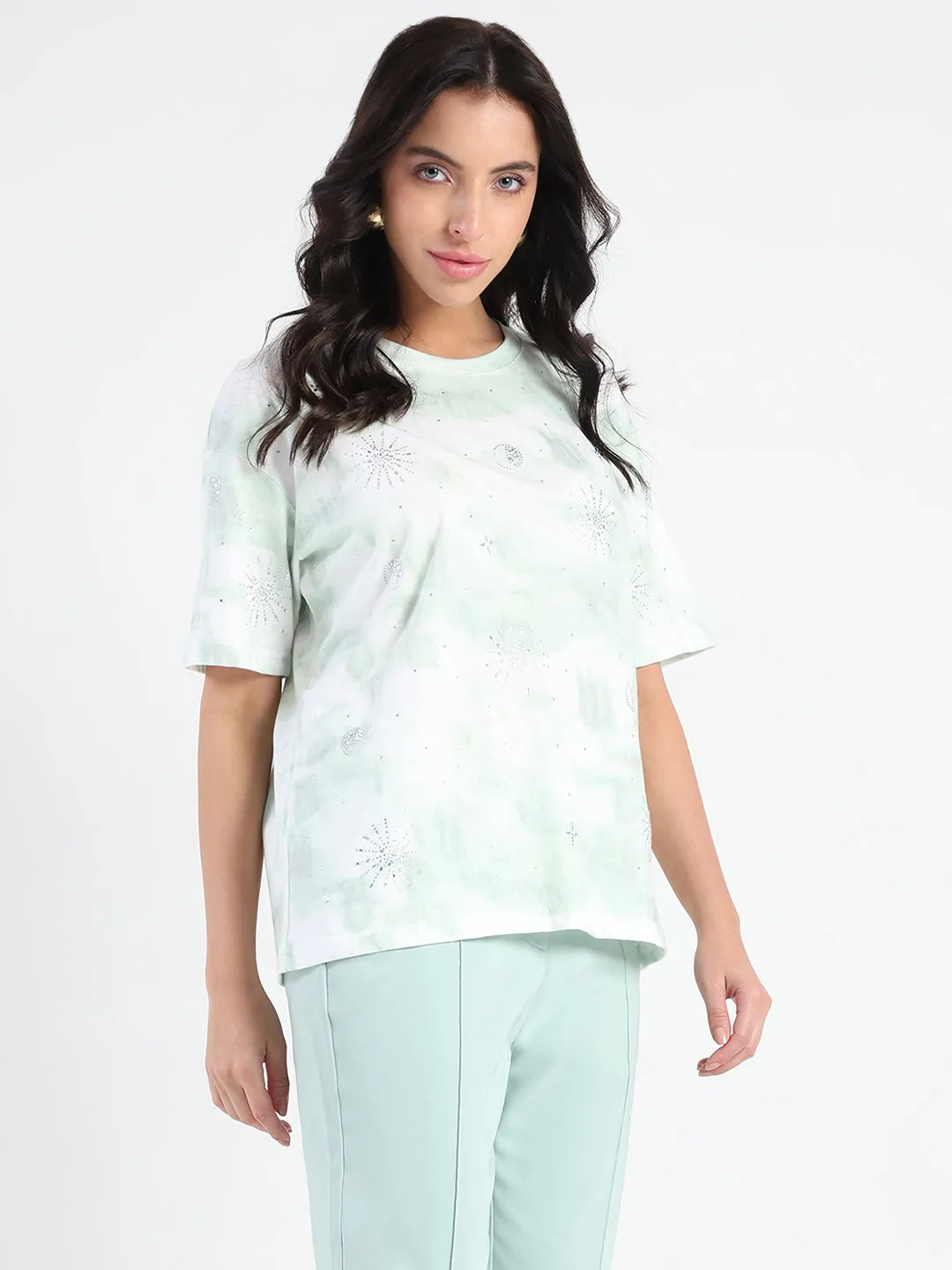Breathable Flex Fit Casual Essential Wear Madame Swarovksi Detailed Tie and Dye Sea Green T-shirt