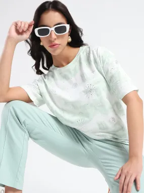 Sleeveless Madame Swarovksi Detailed Tie and Dye Sea Green T-shirt