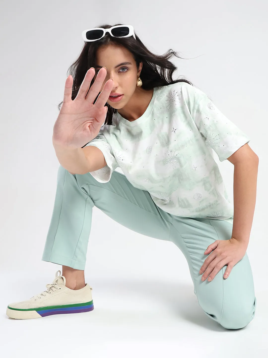 Madame Swarovksi Detailed Tie and Dye Sea Green T-shirt UltraLightweight Premium Material