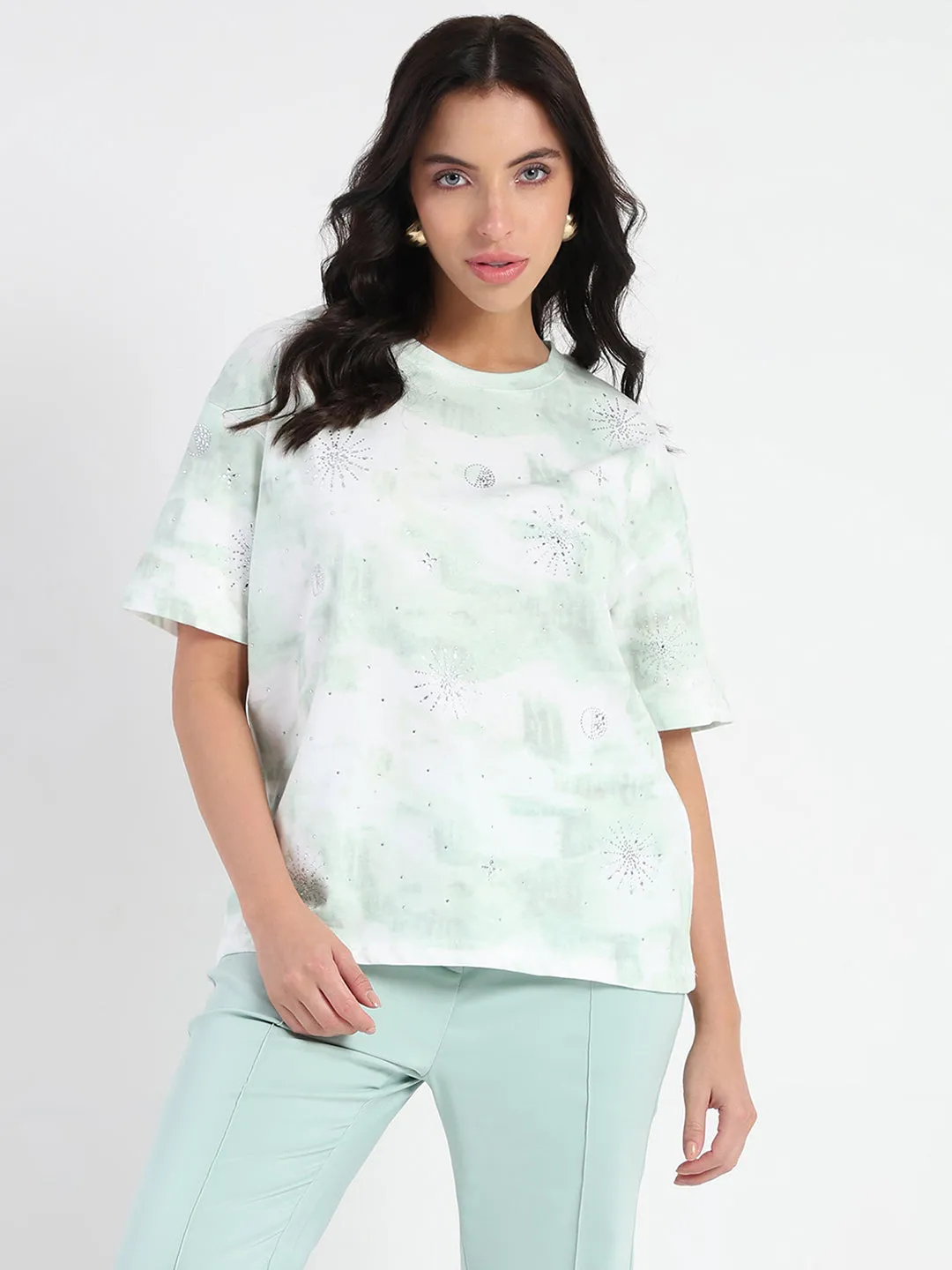 Madame Swarovksi Detailed Tie and Dye Sea Green T-shirt Travel Comfort Style