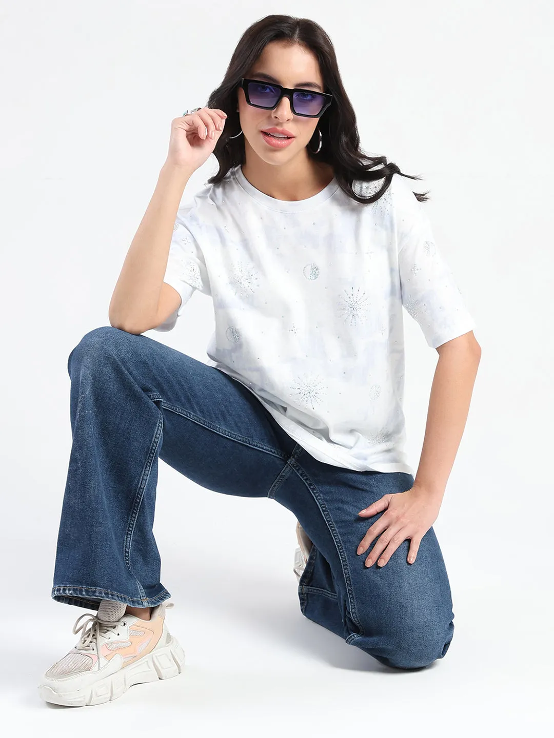 Unisex Fit Relaxed fit wear Madame Swarovksi Detailed Tie and Dye Sky Blue T-shirt