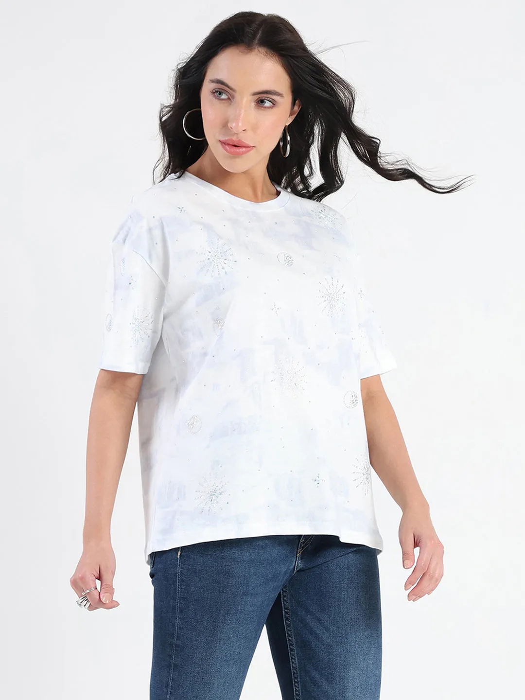 All-Day Stretch Fresh Trend Madame Swarovksi Detailed Tie and Dye Sky Blue T-shirt