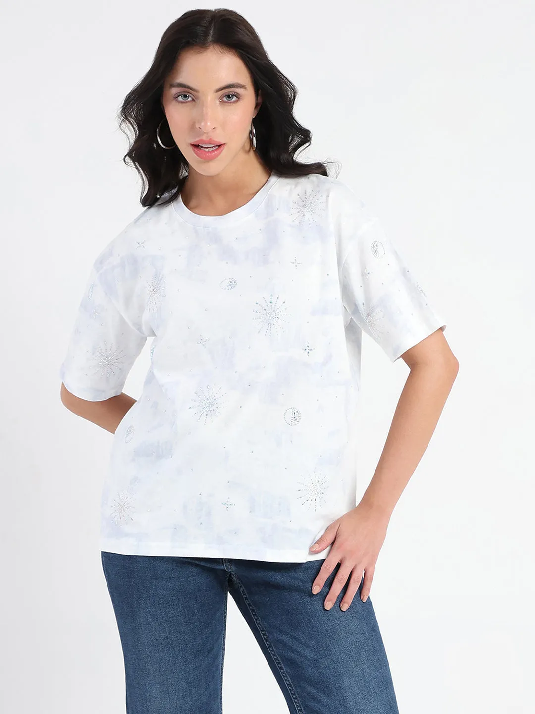 Modern Layer Madame Swarovksi Detailed Tie and Dye Sky Blue T-shirt