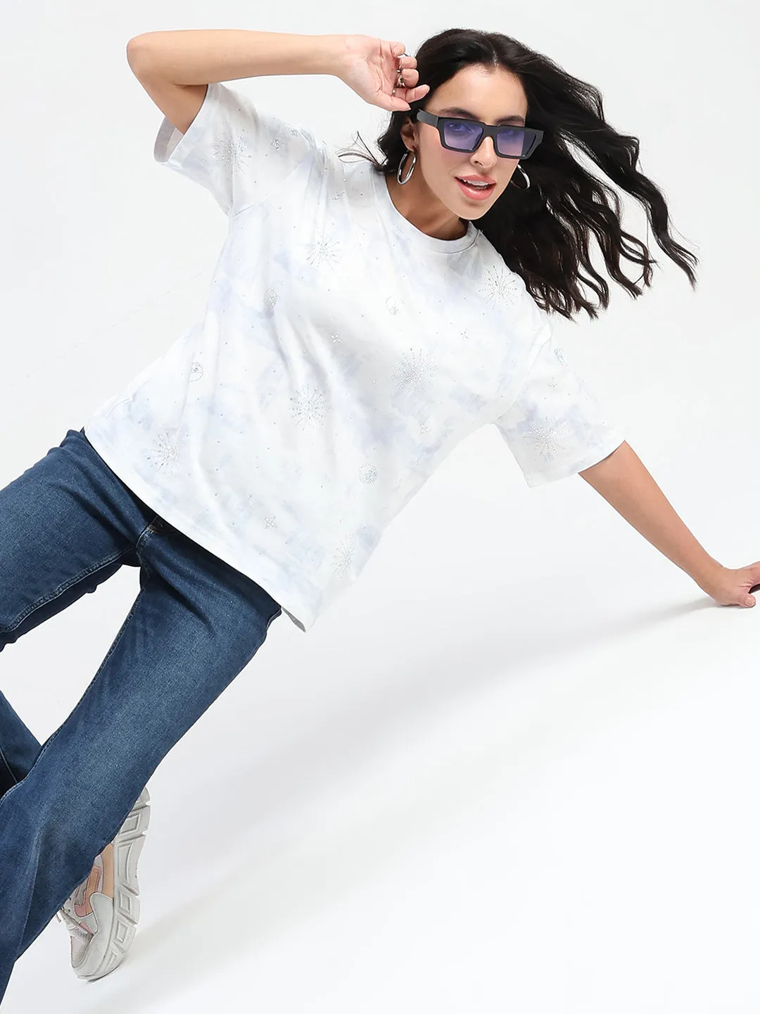 Madame Swarovksi Detailed Tie and Dye Sky Blue T-shirt Layerable Look Outdoor Sports