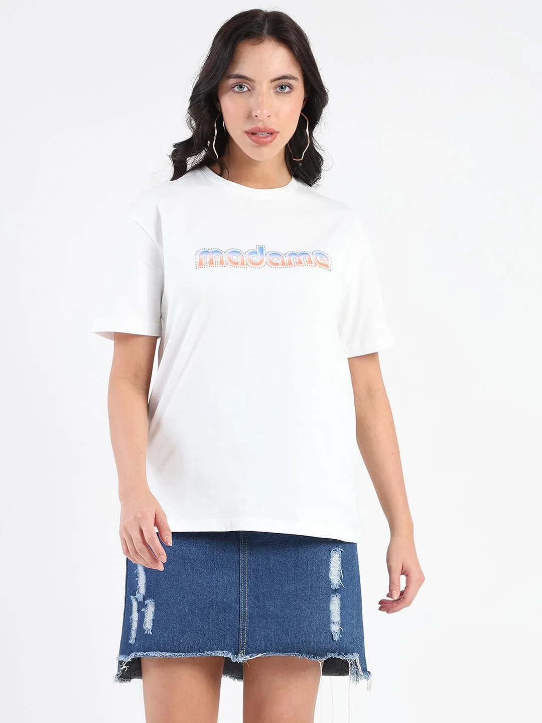 Madame Swarovski and Graphic Print White Cotton T-shirt Stylish Wearable