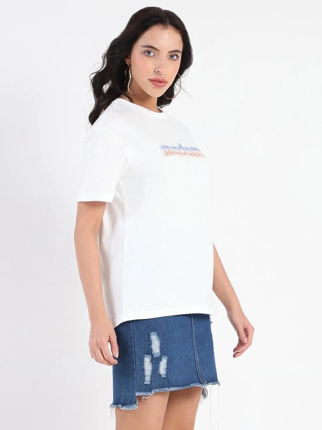 Madame Swarovski and Graphic Print White Cotton T-shirt Comfortable apparel Soft Knit