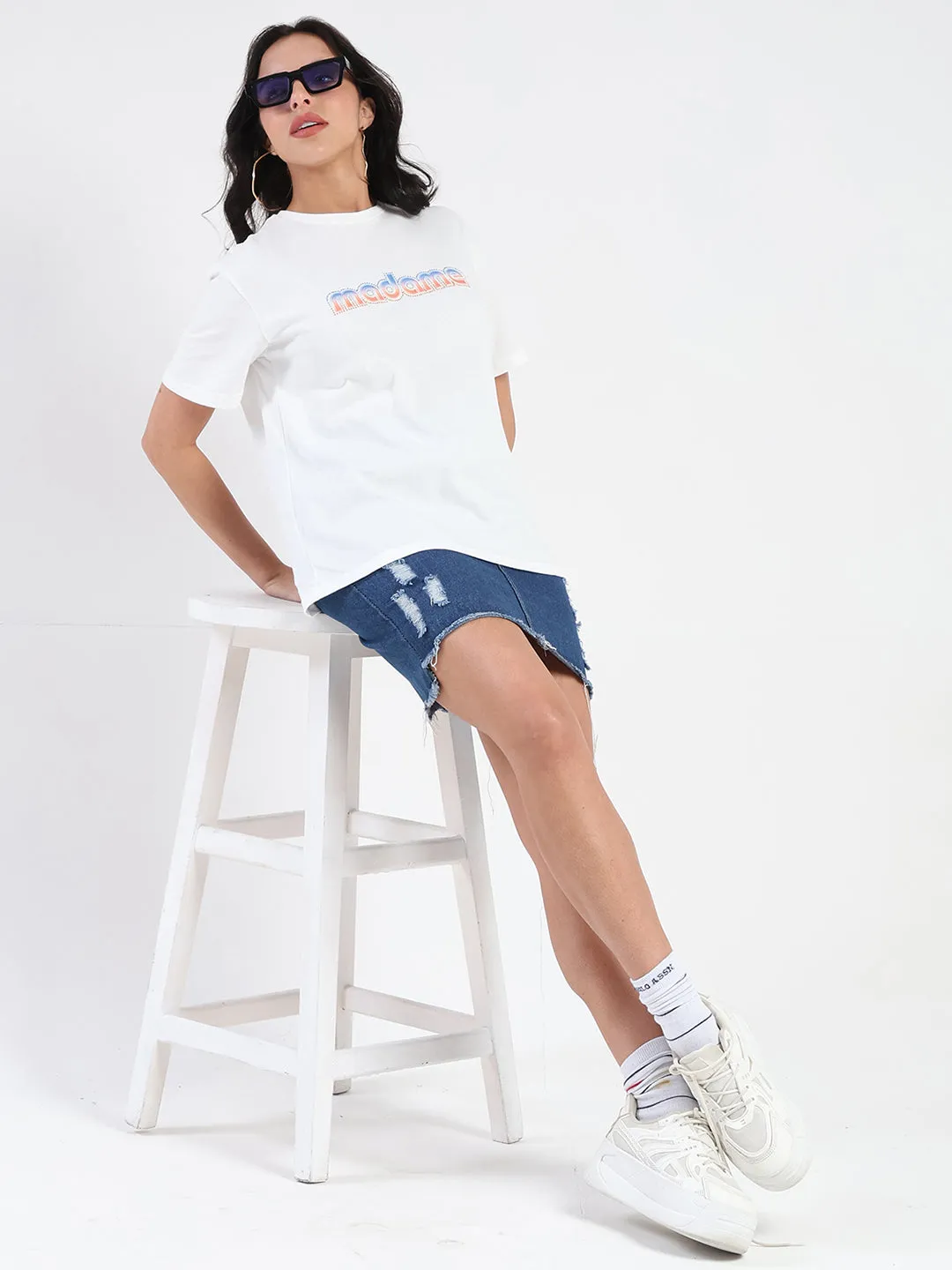 Madame Swarovski and Graphic Print White Cotton T-shirt Layering Essential