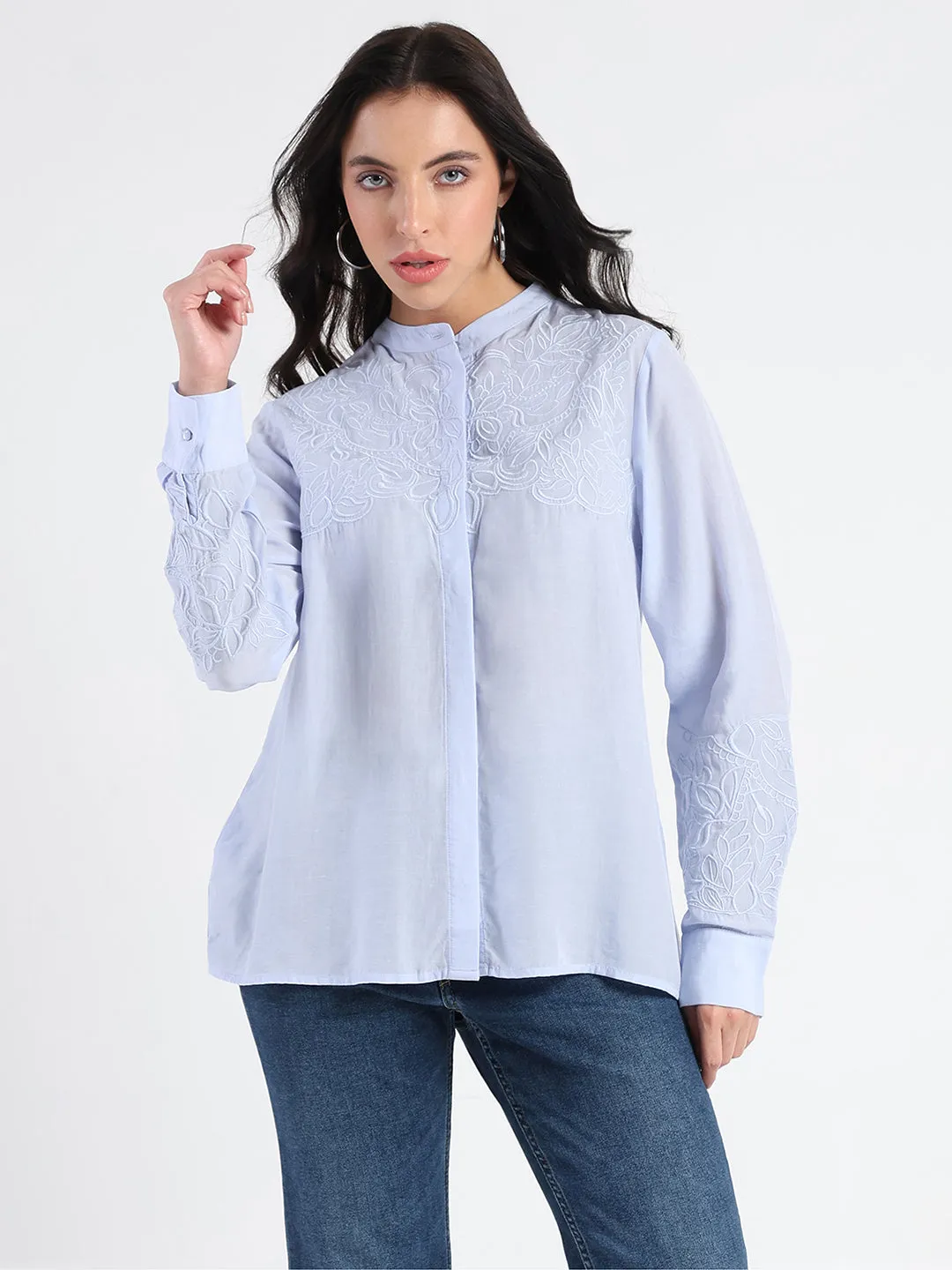 Madame Tencel Blend Embroidery Detail Blue Shirt Minimalist Design