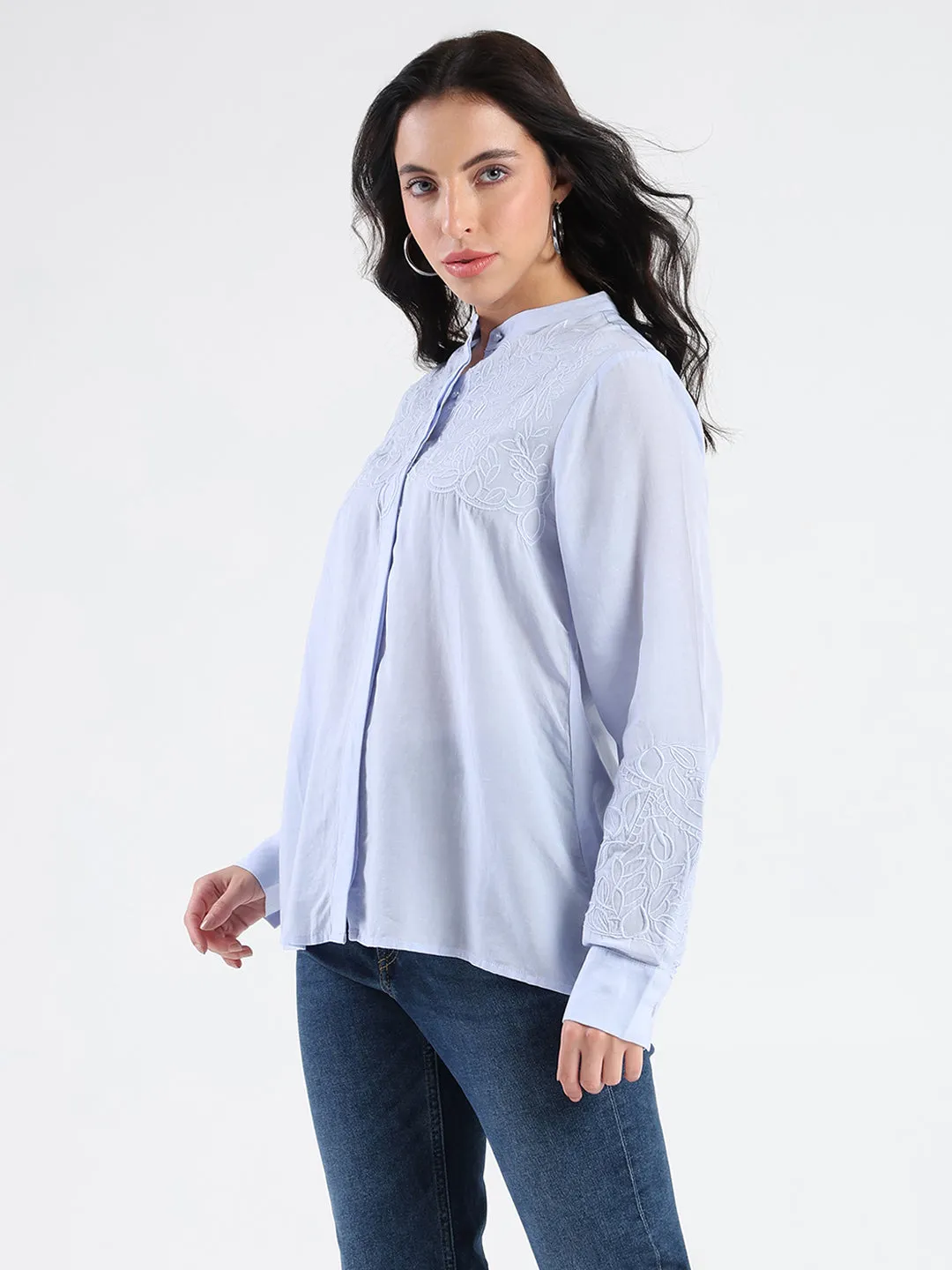 Eco-friendly Animal Print Madame Tencel Blend Embroidery Detail Blue Shirt