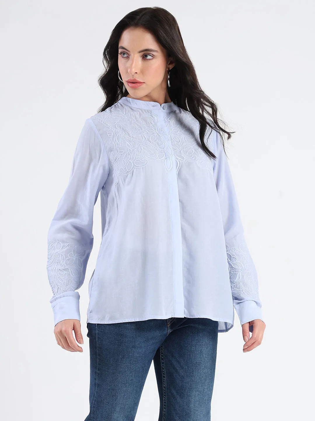 Madame Tencel Blend Embroidery Detail Blue Shirt Glossy Texture