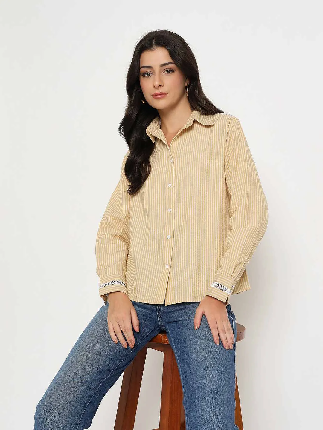 Effortless Comfort Madame Textured Embroidered Accents Beige Shirt