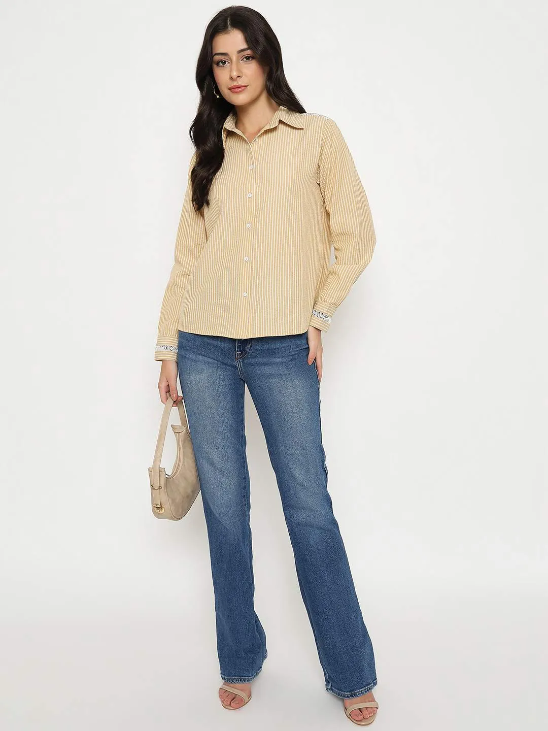 Functional Pocket Lightweight Comfort Madame Textured Embroidered Accents Beige Shirt