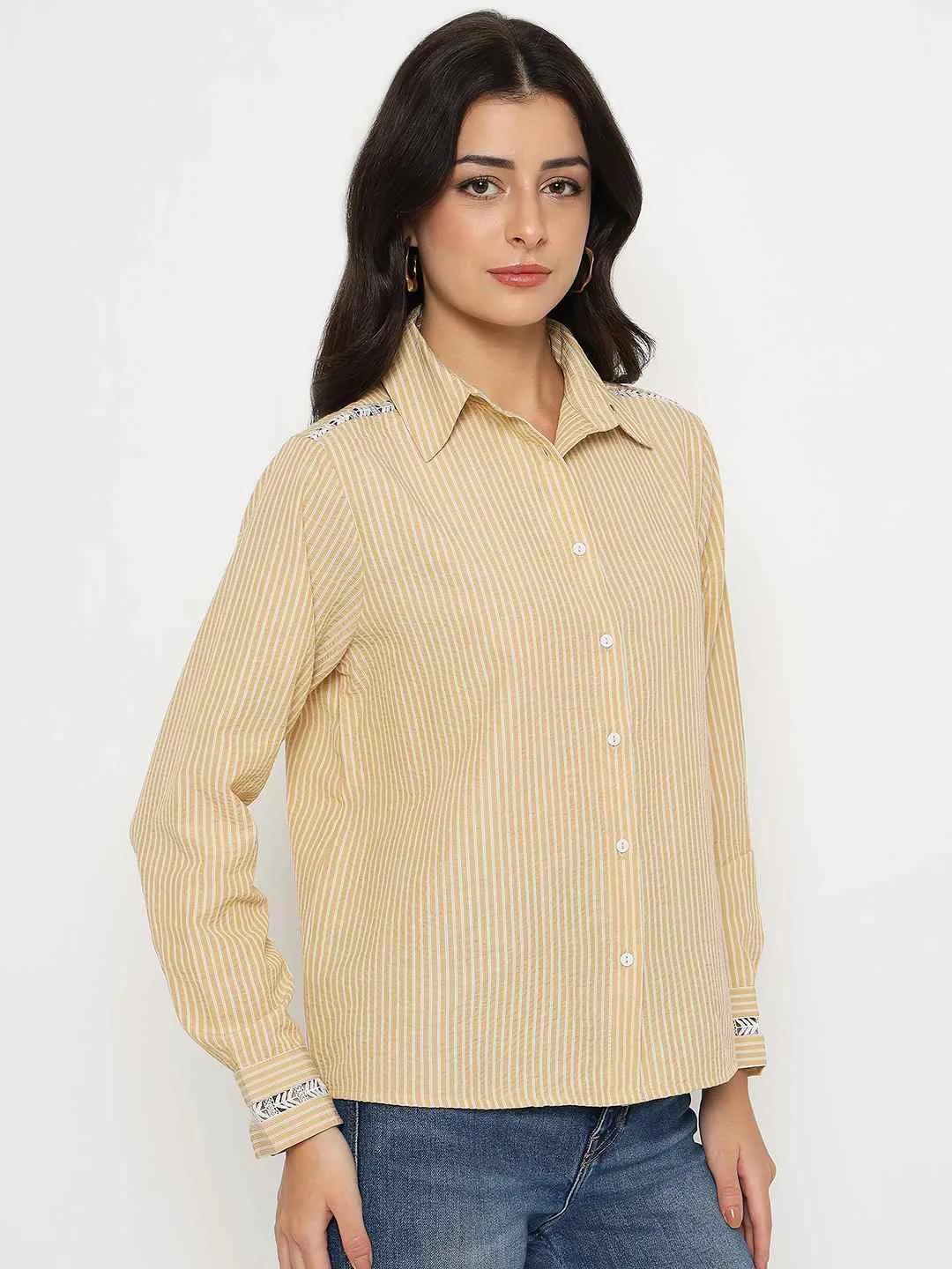Hidden Button Placket Stretch Fit Technology Madame Textured Embroidered Accents Beige Shirt