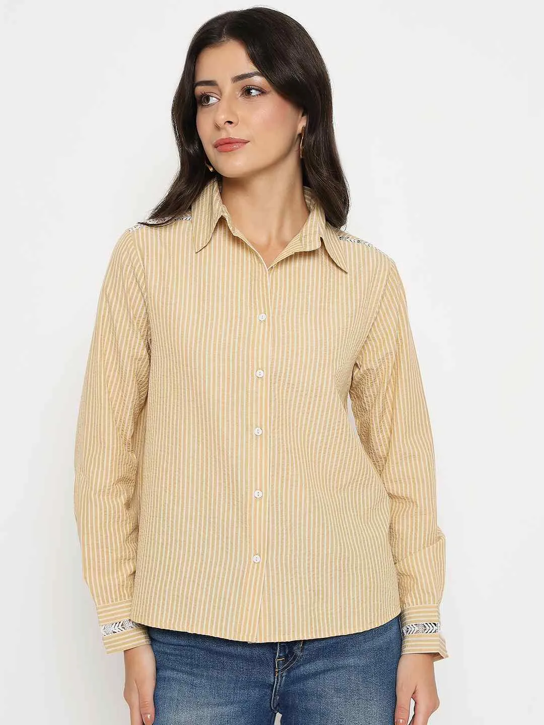 Contrast Stitch Madame Textured Embroidered Accents Beige Shirt