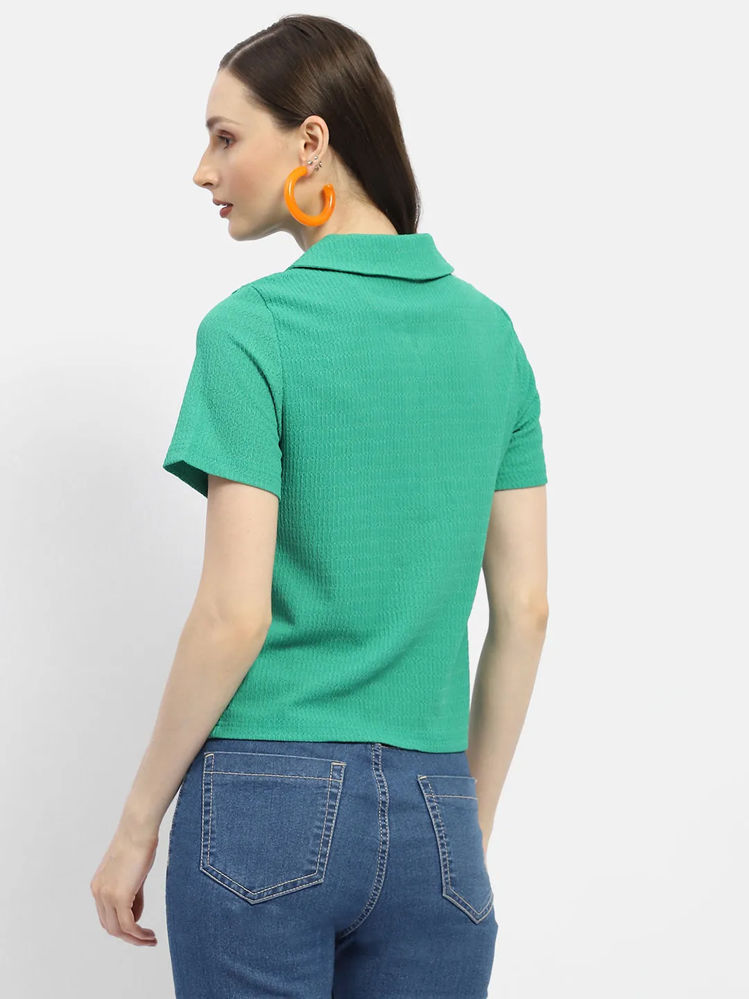 Gym Appropriate Madame Textured Green Half Sleeve Shirt