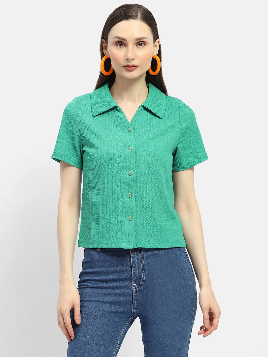 Autumn Look Timeless Fit Madame Textured Green Half Sleeve Shirt