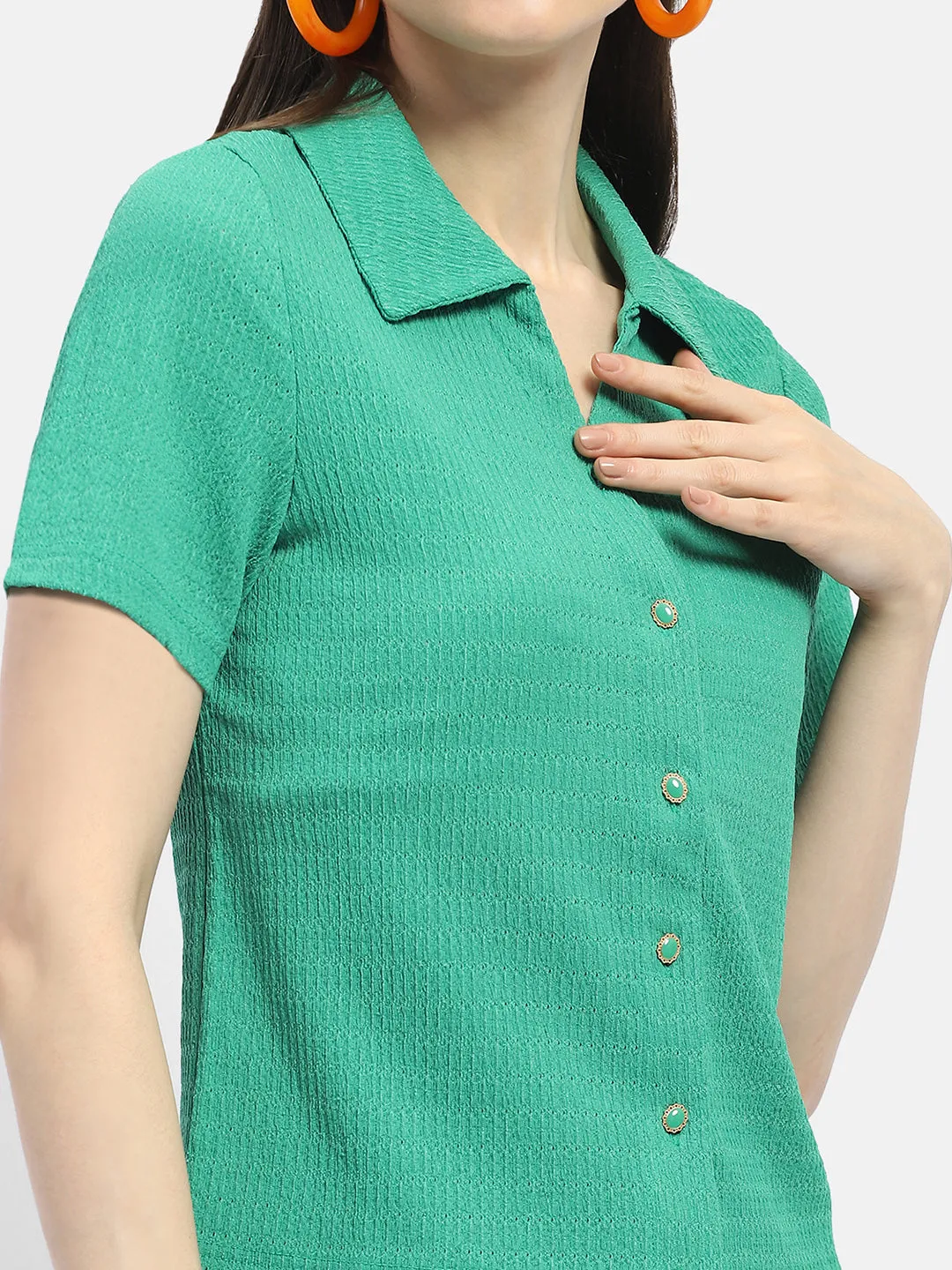 Creative Professional Madame Textured Green Half Sleeve Shirt