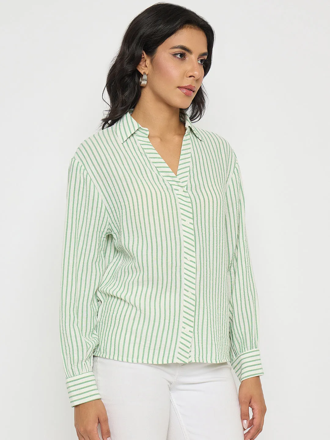 Summer Outfit Relaxed Comfort Madame Textured Green Striped Shirt