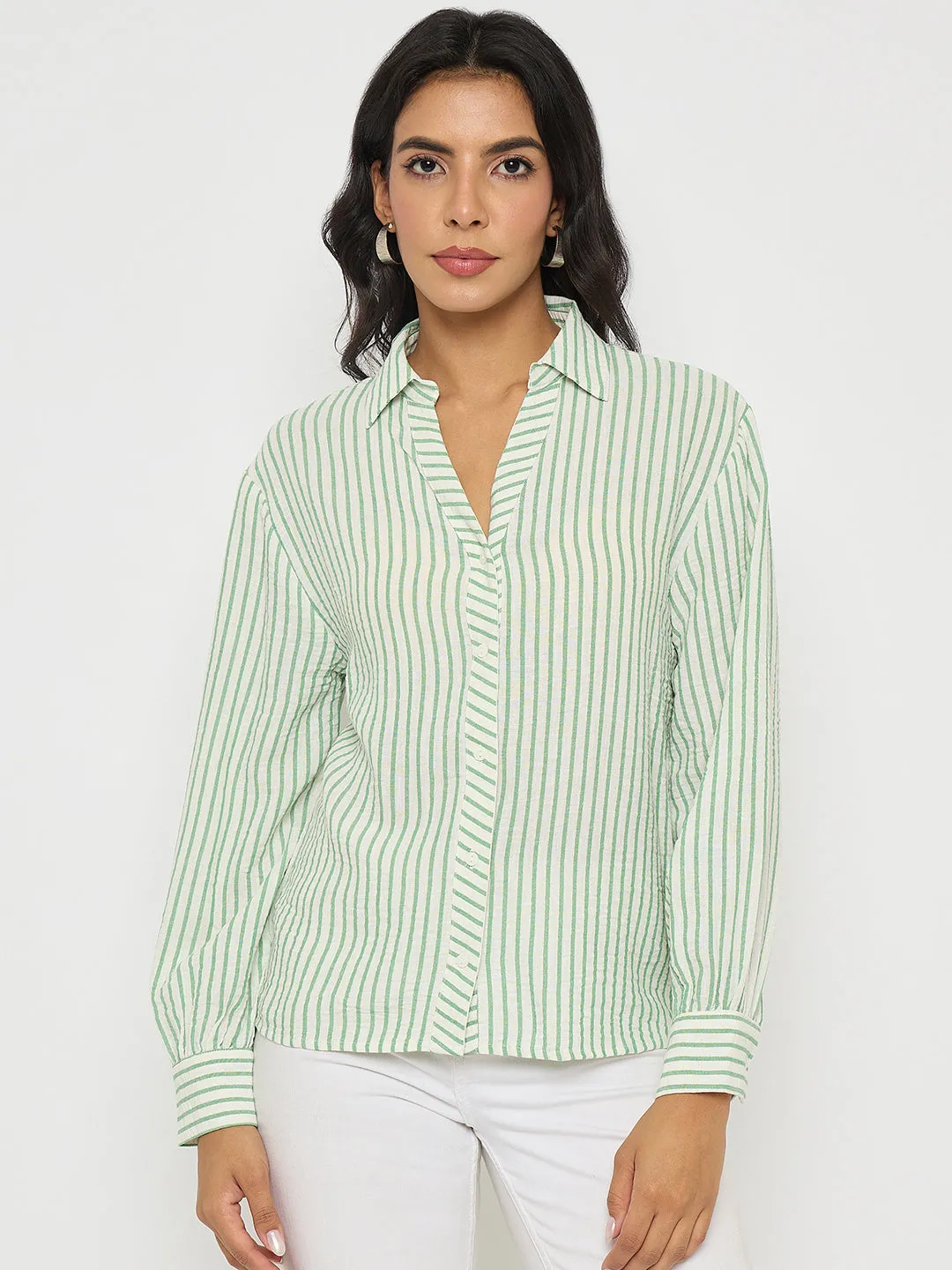 Relaxed Vibe Madame Textured Green Striped Shirt