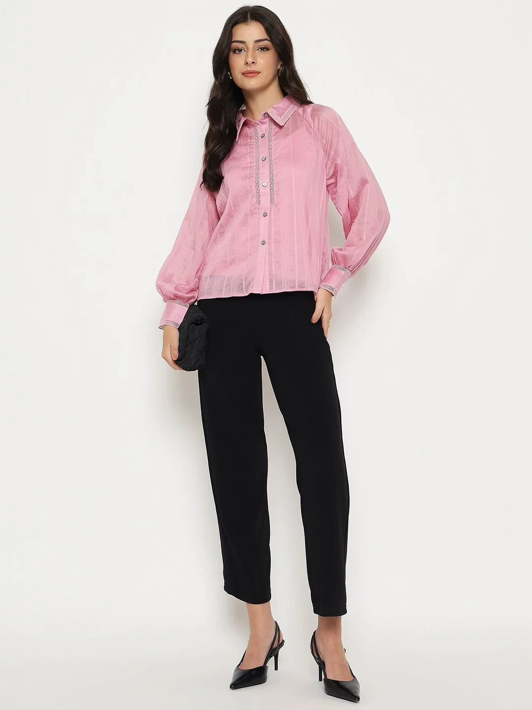 Perfect Wear Reinforced Hems Madame Textured Nylon Blend Pink Full Sleeve Shirt