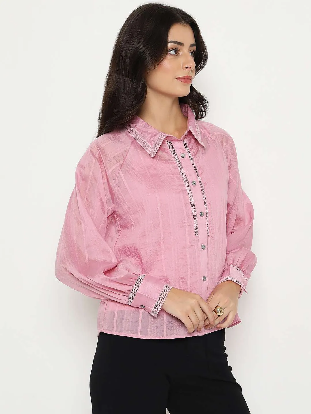 Madame Textured Nylon Blend Pink Full Sleeve Shirt Edgy Design Reinforced Elasticity