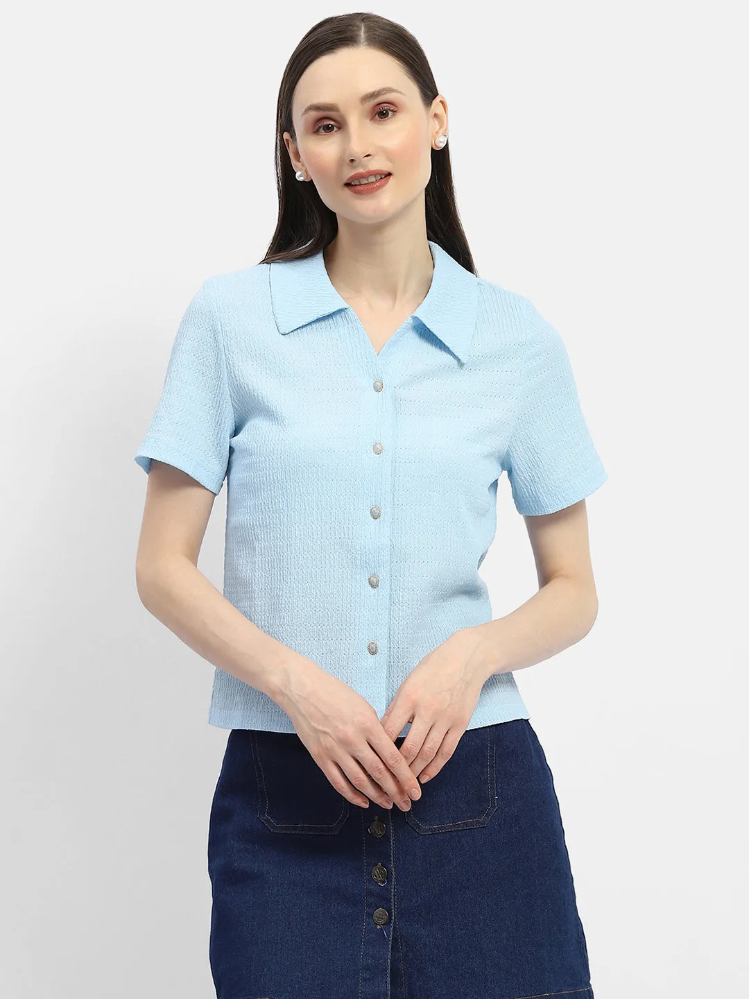 Madame Textured Sky Blue Half Sleeve Shirt UV Protective Fabric