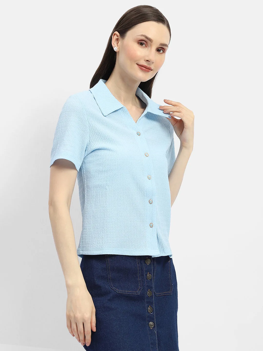 Bamboo Fiber Blend Madame Textured Sky Blue Half Sleeve Shirt