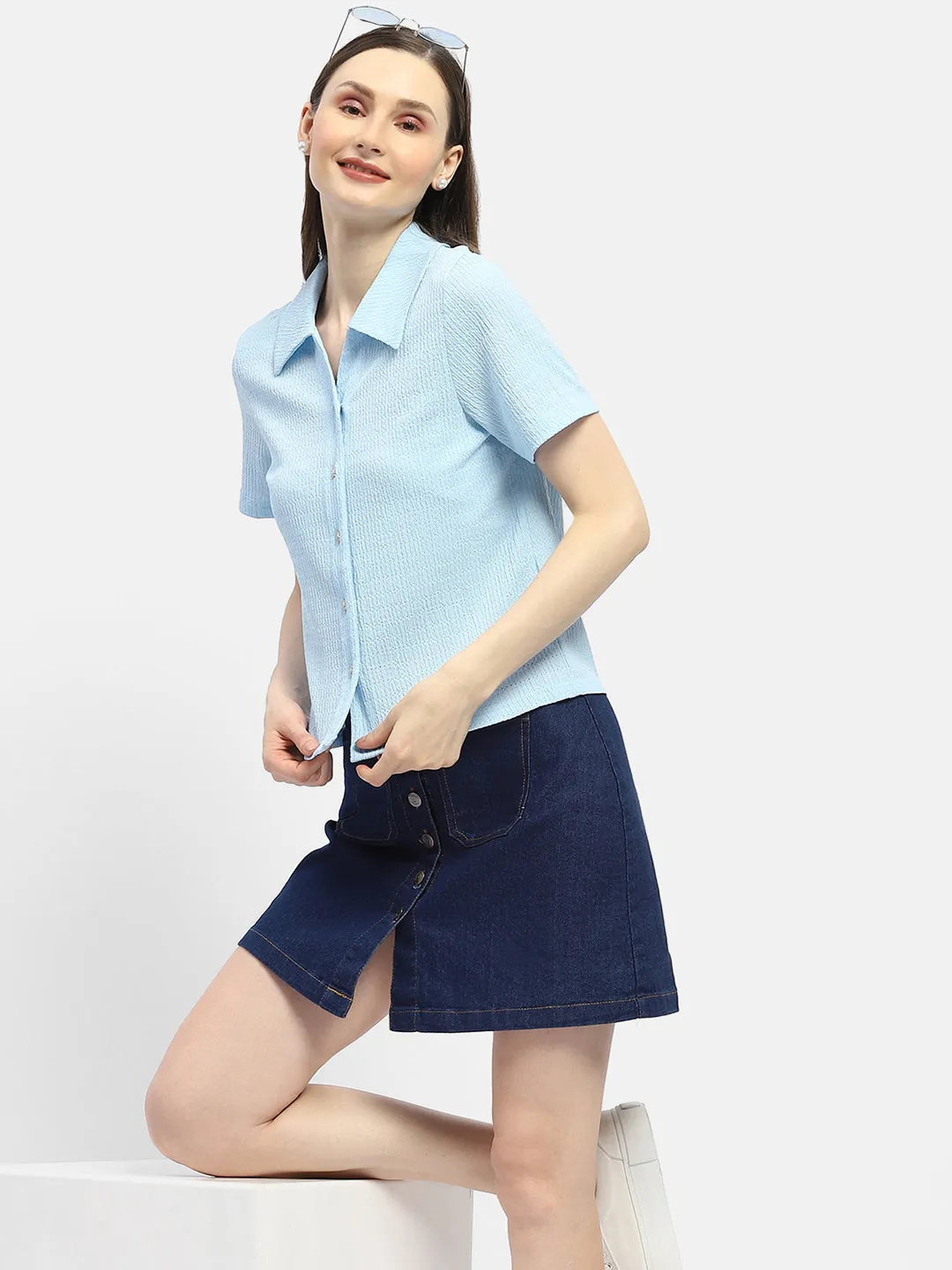 Edgy Fashion Timeless Fit Madame Textured Sky Blue Half Sleeve Shirt