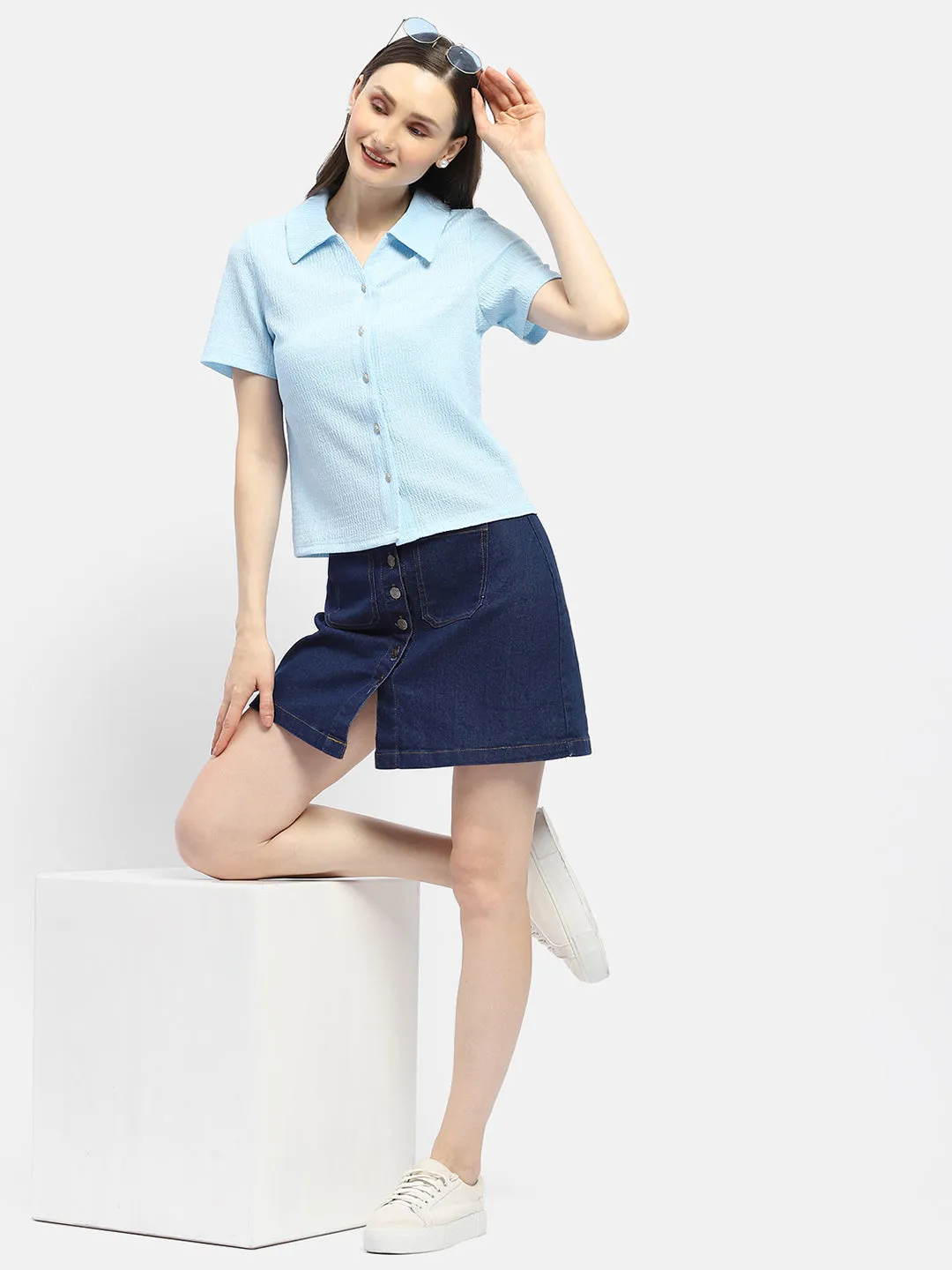 Minimalist Look Madame Textured Sky Blue Half Sleeve Shirt