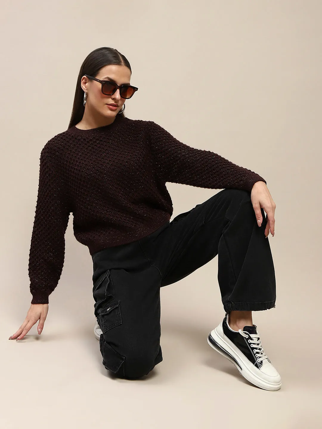 Cozy Design Fit Active Layer Madame Textured Solid Brown Full Sleeve Sweater