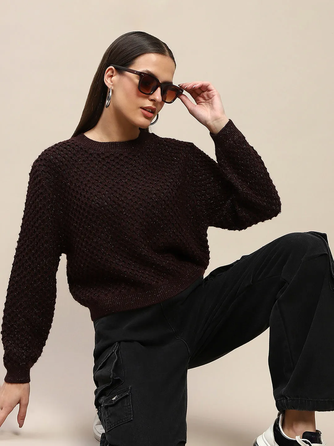 Madame Textured Solid Brown Full Sleeve Sweater Elegant Comfort Oversized Silhouette