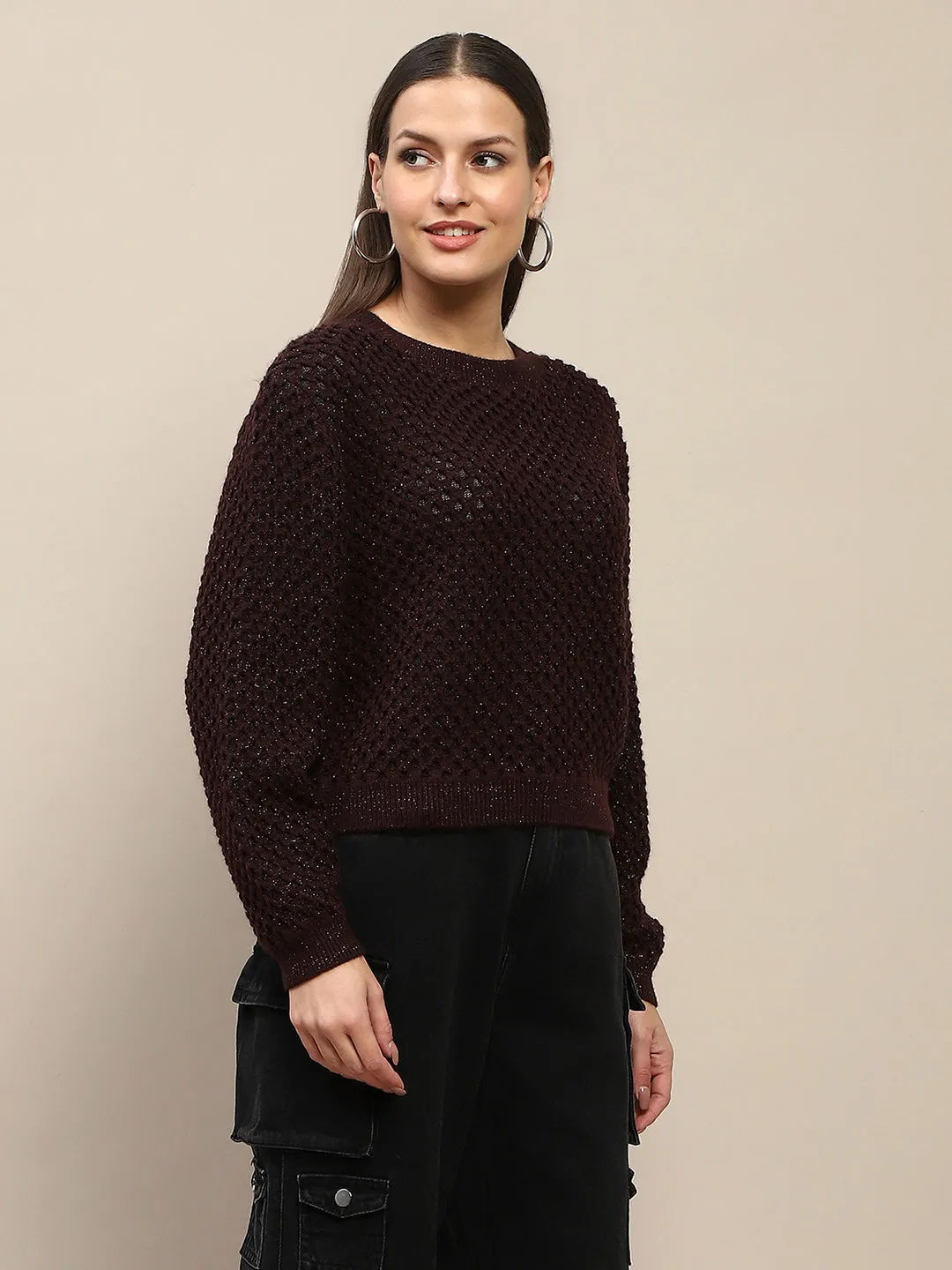 Recycled Fiber Madame Textured Solid Brown Full Sleeve Sweater