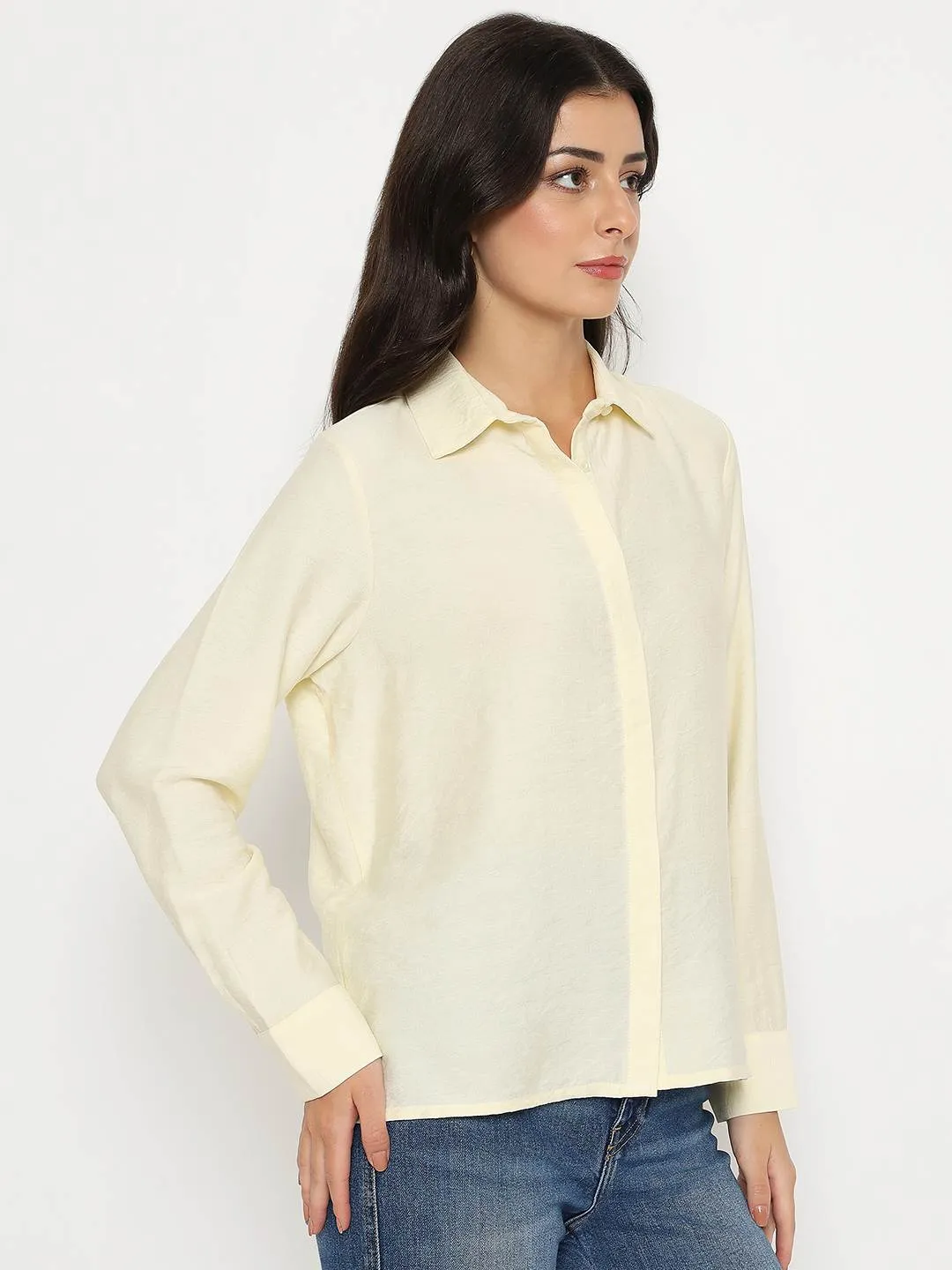 Madame Textured Solid Cream Rayon Blend Shirt Premium Quality