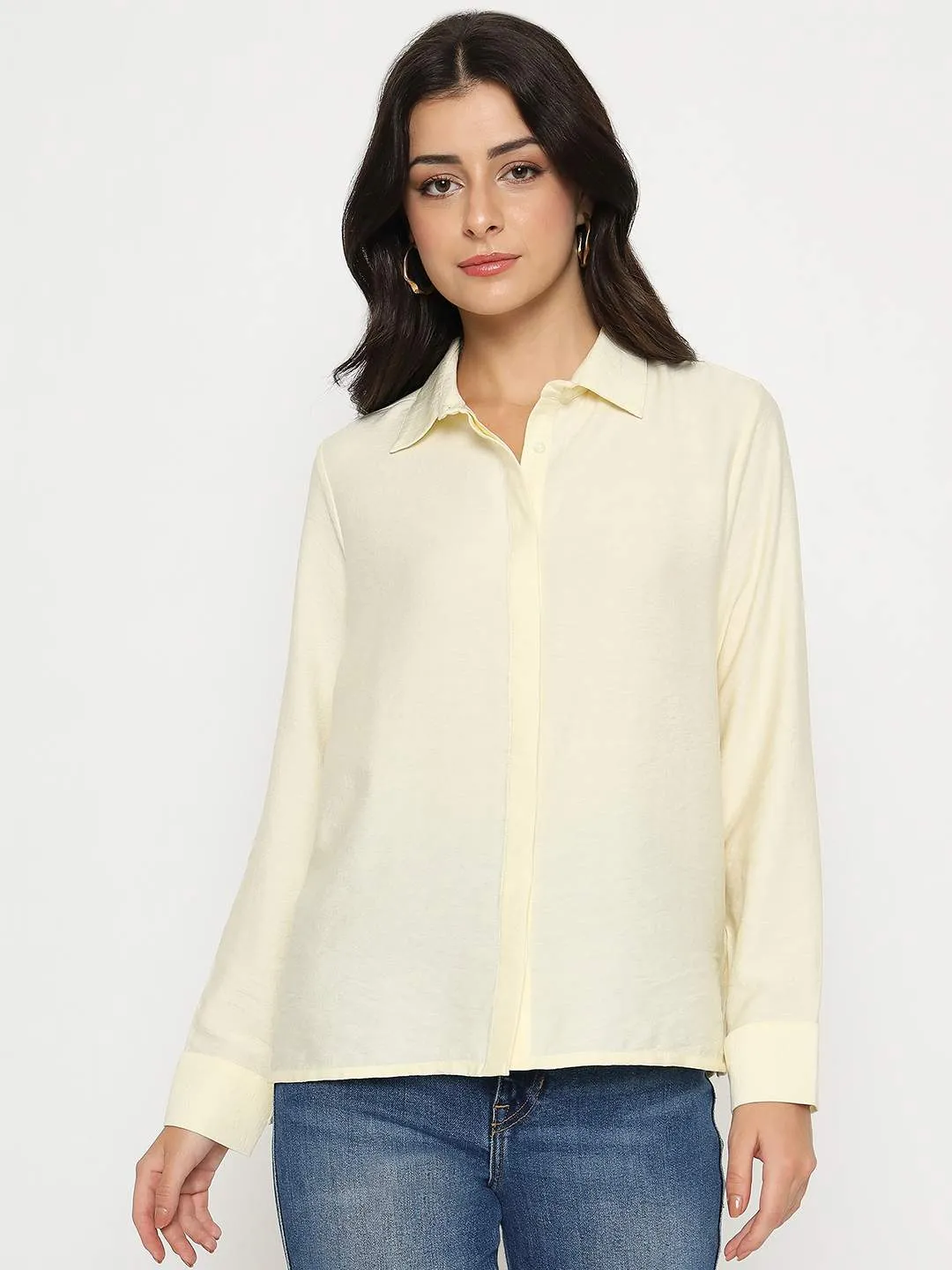Weekend Outfit All-Ages Fit Madame Textured Solid Cream Rayon Blend Shirt