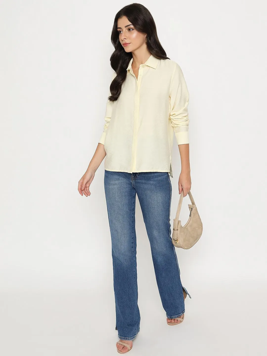 Madame Textured Solid Cream Rayon Blend Shirt Wrinkle Resistant Finish