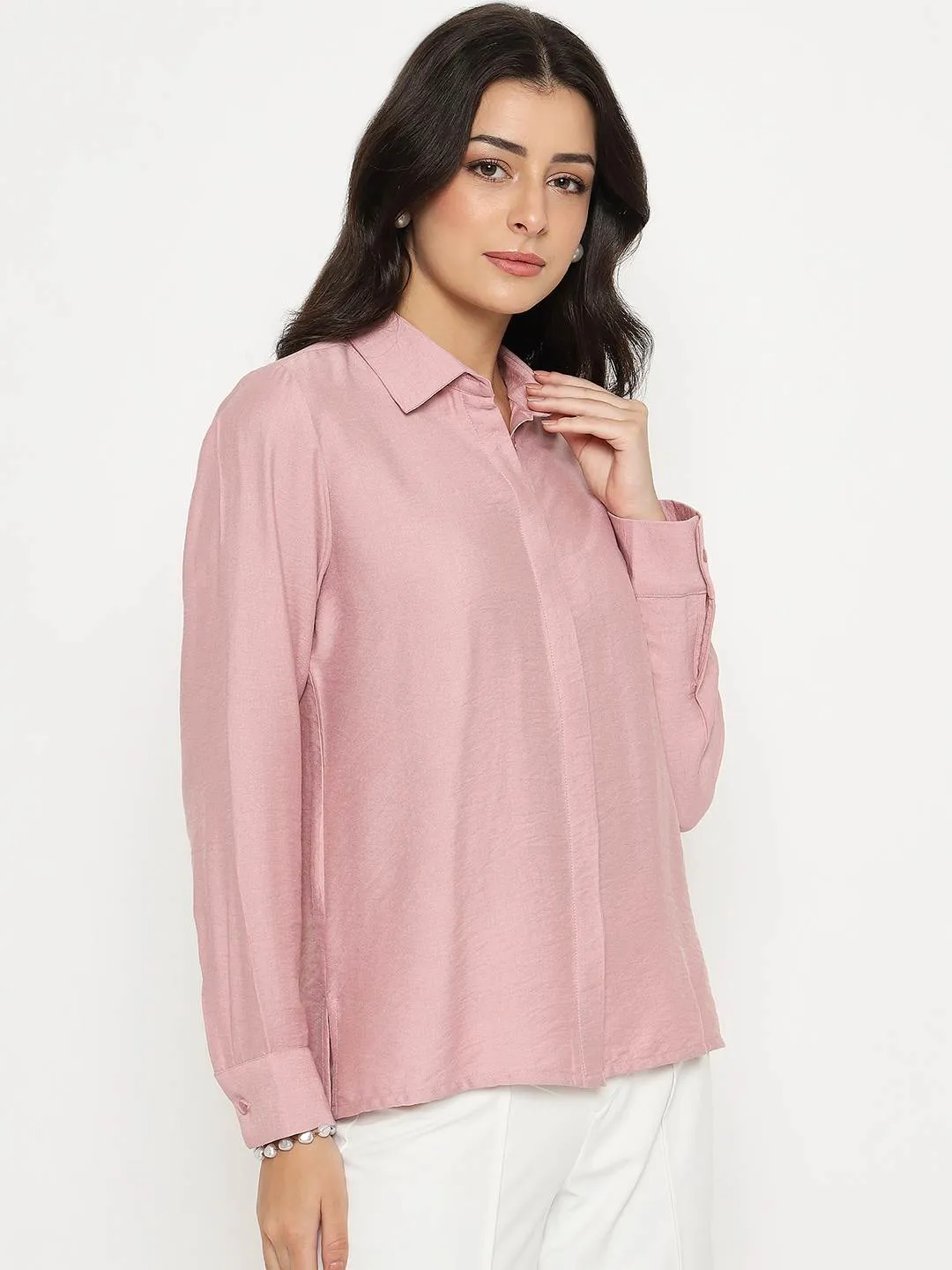 Madame Textured Solid Pink Rayon Blend Shirt Vibrant Hue Durable Button Closures