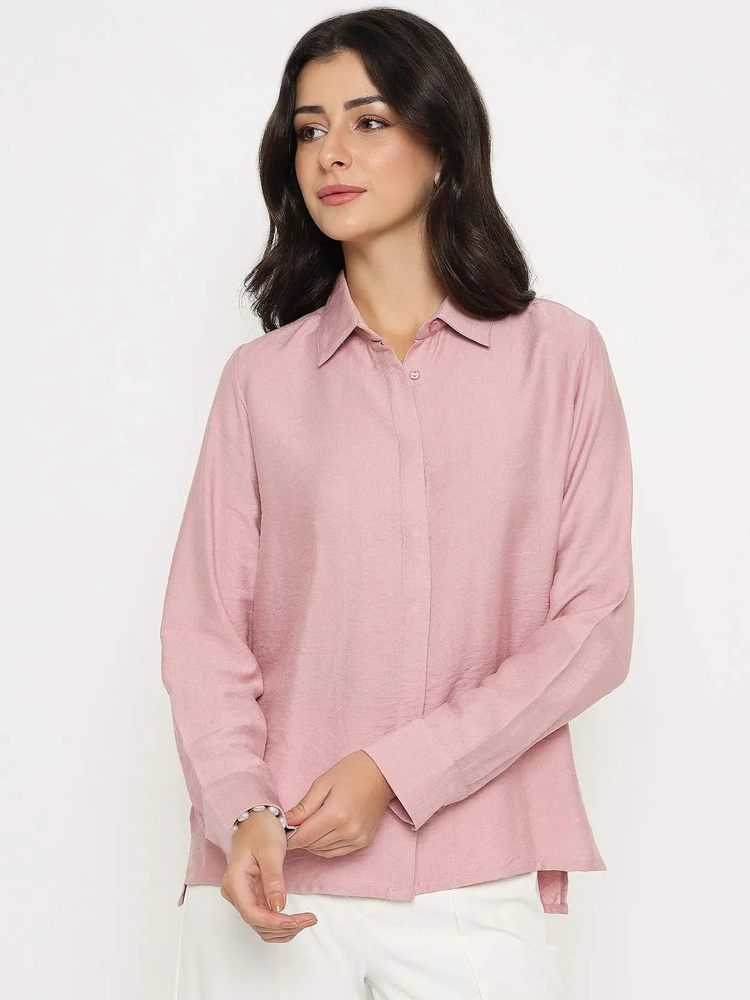 Tagless Design Classic Fit Madame Textured Solid Pink Rayon Blend Shirt