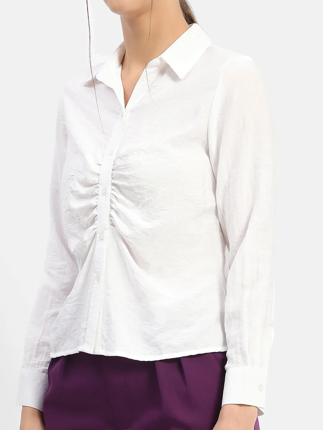 Madame Textured White Ruched Shirt Comfortable Fabric Team Building