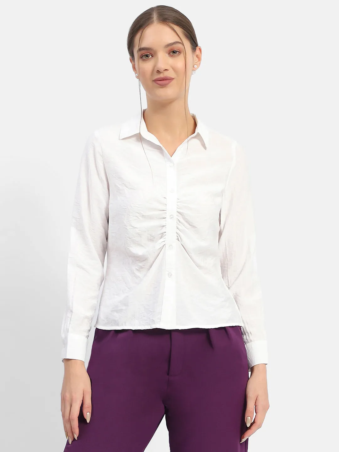 Madame Textured White Ruched Shirt Reinforced Collar Contemporary Design