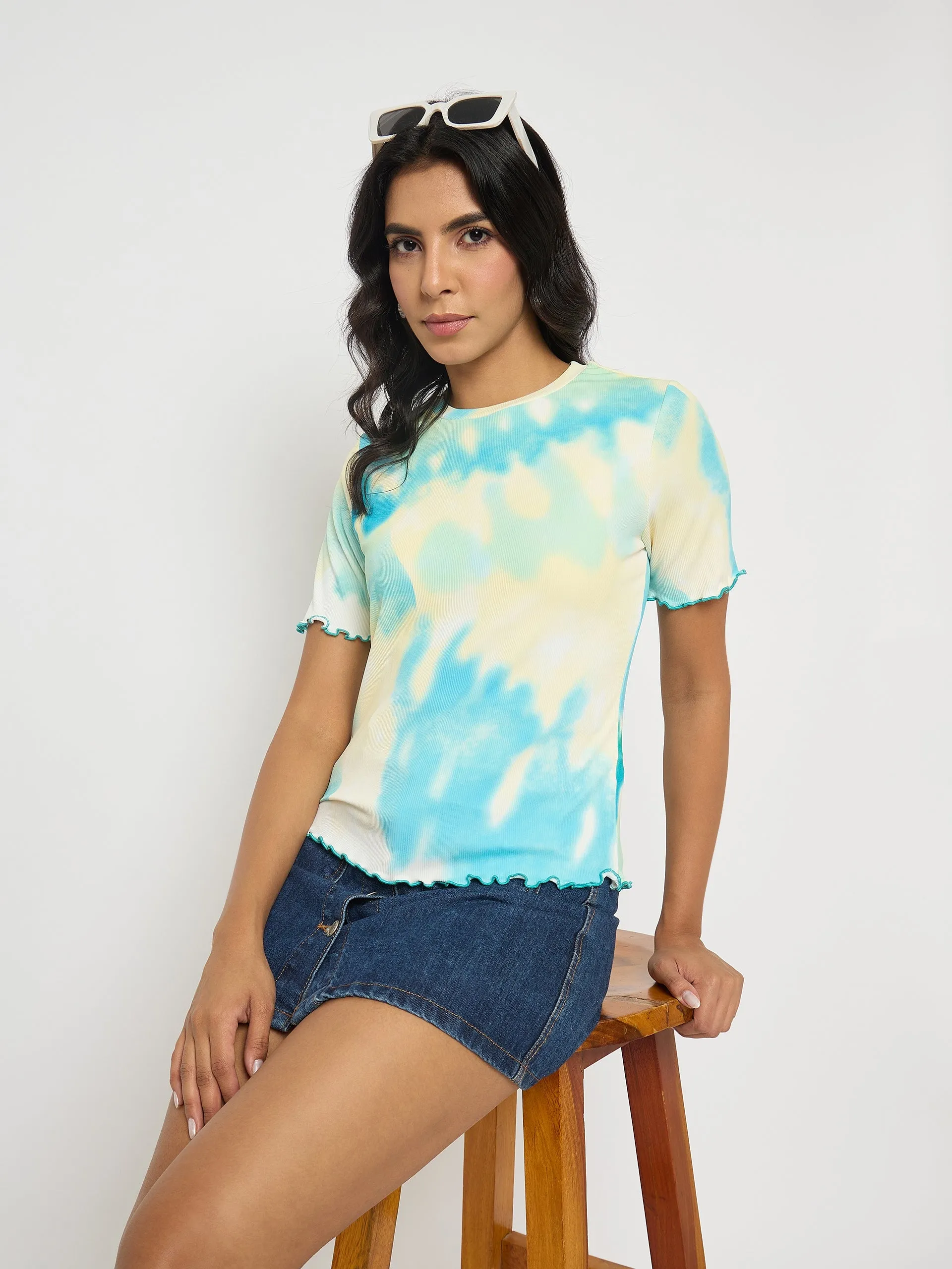 Madame Tie-Dye Lettuce Hem Aqua Blue T-Shirt Comfy All-Day